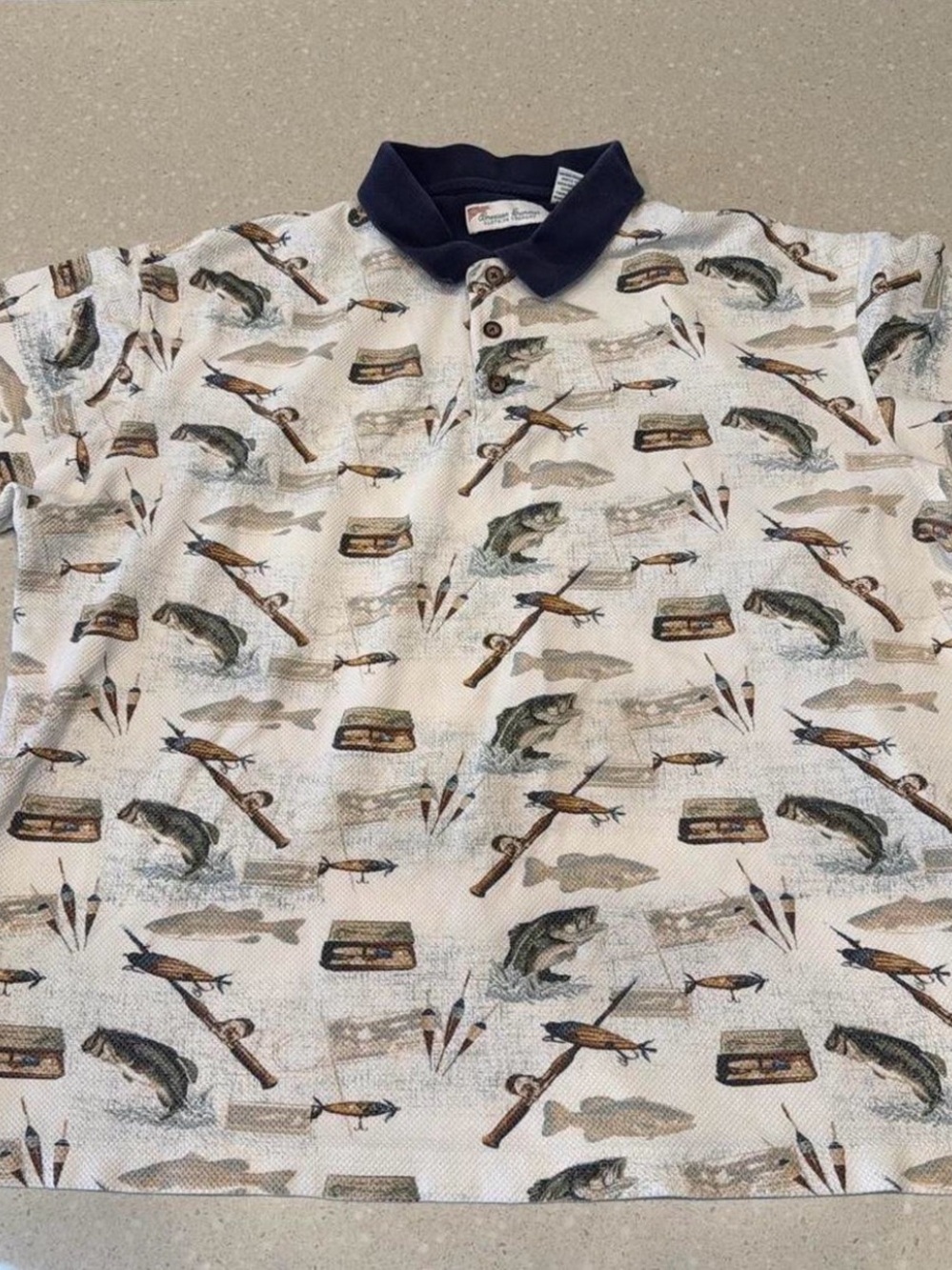 Men's Cream Fishing-Print Polo with Navy Contrast Collar